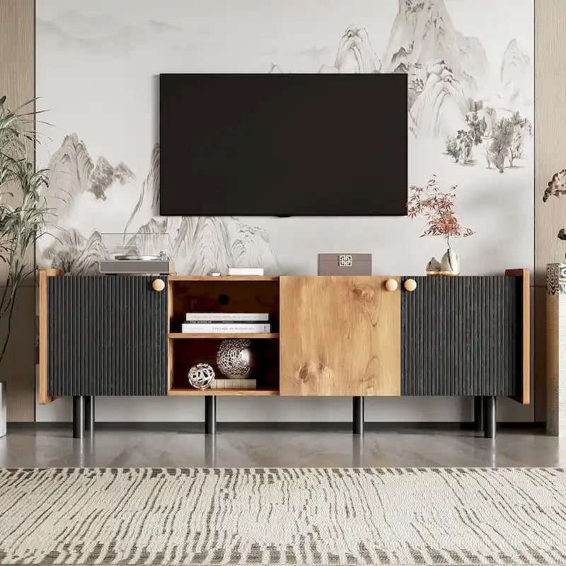 Mid Century TV Stand with 3 Cabinets and Open Storage for Living Room