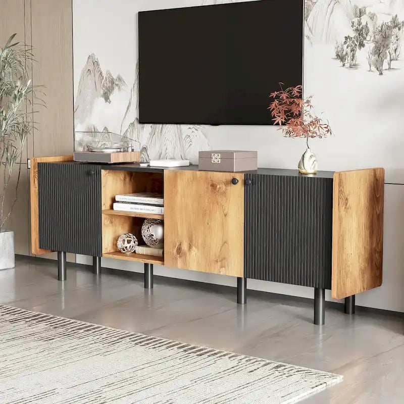 Mid Century TV Stand with 3 Cabinets and Open Storage for Living Room