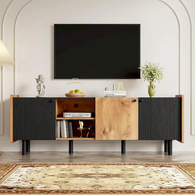 Mid Century TV Stand with 3 Cabinets and Open Storage for Living Room