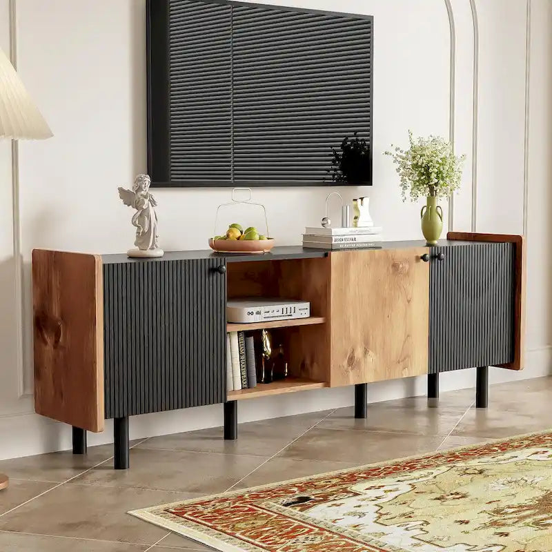 Mid Century TV Stand with 3 Cabinets and Open Storage for Living Room