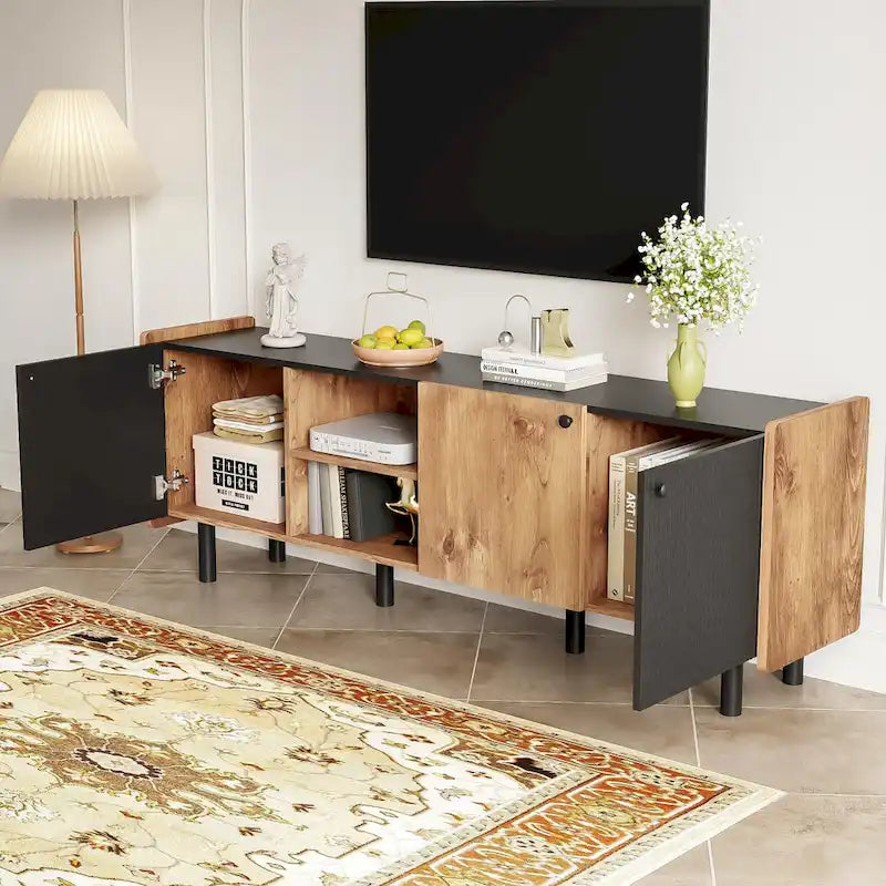 Mid Century TV Stand with 3 Cabinets and Open Storage for Living Room