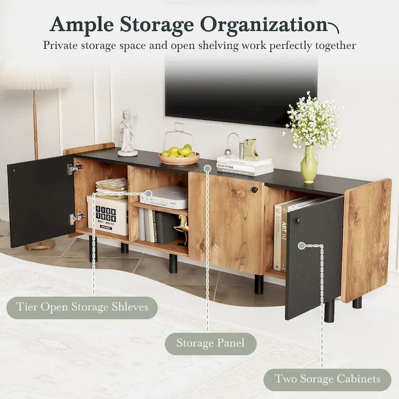 Mid Century TV Stand with 3 Cabinets and Open Storage for Living Room