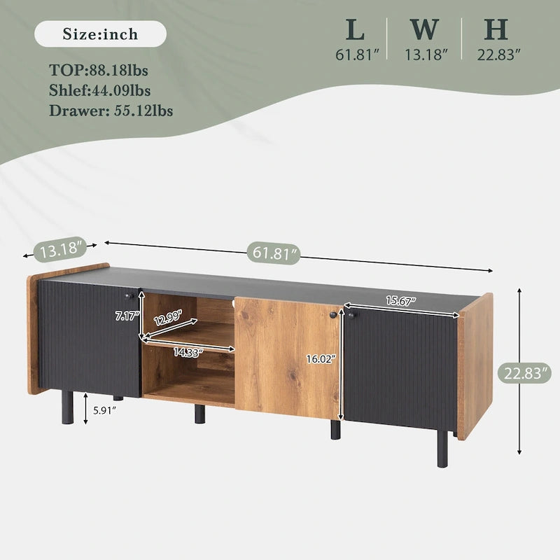 Mid Century TV Stand with 3 Cabinets and Open Storage for Living Room