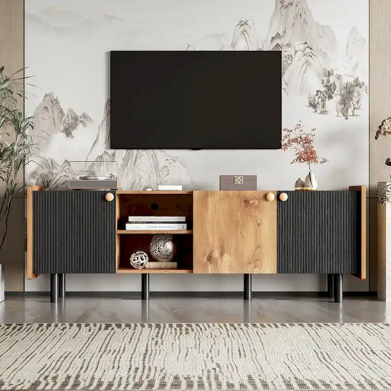 Mid Century TV Stand with 3 Cabinets and Open Storage for Living Room