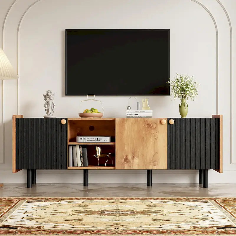Mid Century TV Stand with 3 Cabinets and Open Storage for Living Room