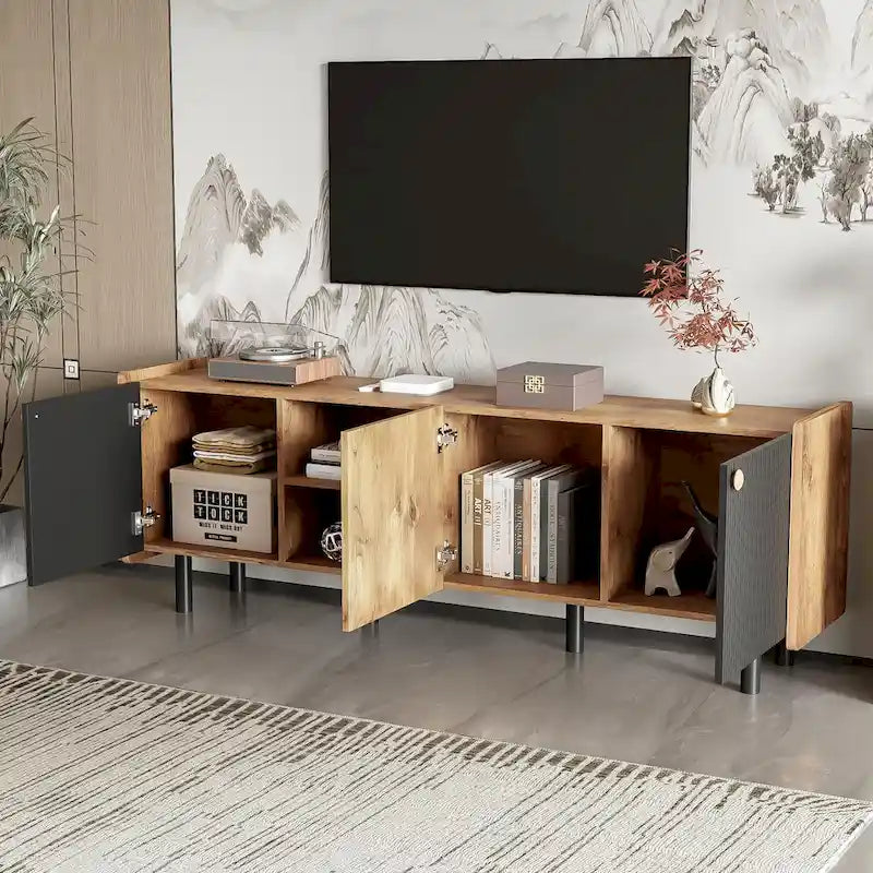 Mid Century TV Stand with 3 Cabinets and Open Storage for Living Room
