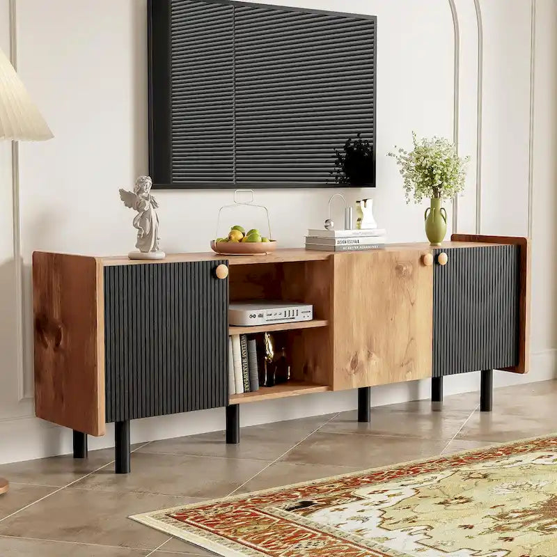 Mid Century TV Stand with 3 Cabinets and Open Storage for Living Room