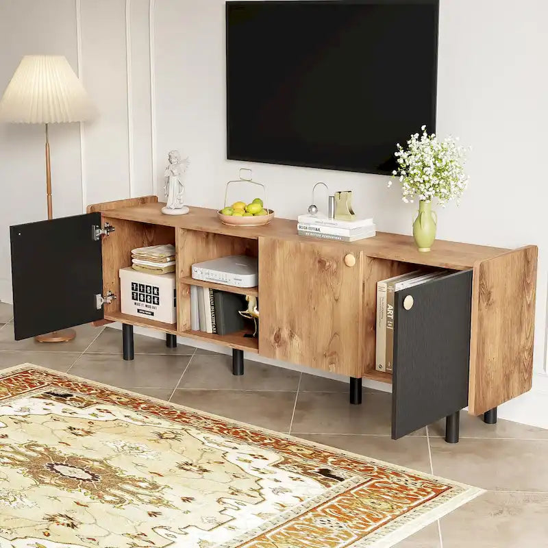Mid Century TV Stand with 3 Cabinets and Open Storage for Living Room