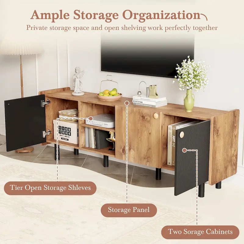 Mid Century TV Stand with 3 Cabinets and Open Storage for Living Room