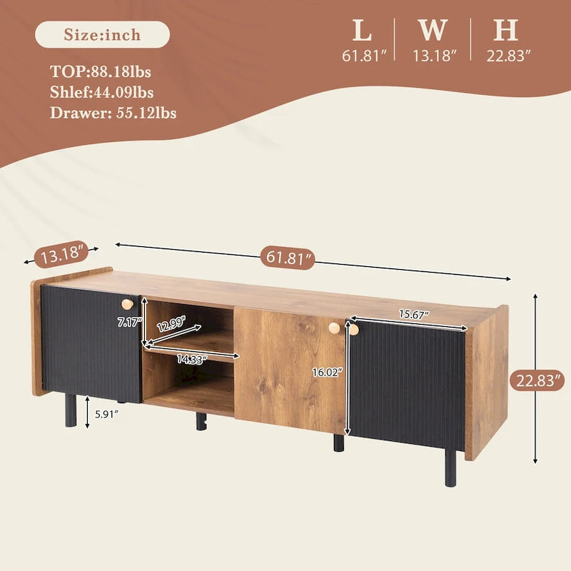 Mid Century TV Stand with 3 Cabinets and Open Storage for Living Room