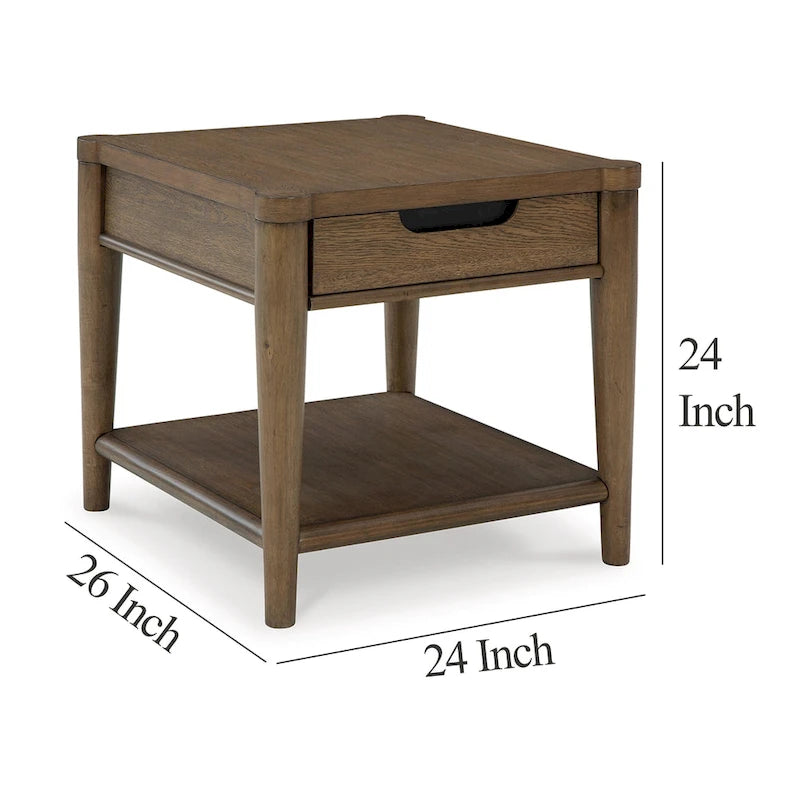Side End Table with Drawer and Open Shelf, Rectangular 26 Inch Brown Wood