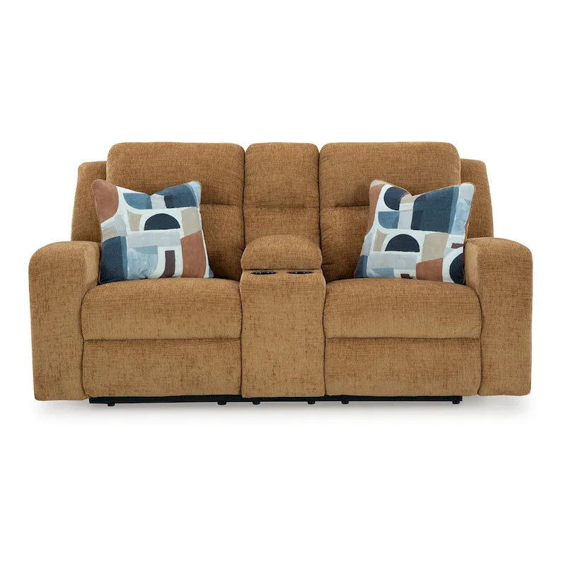 Double Reclining Loveseat with Storage Console, Camel Brown Polyester, 2 Pillows