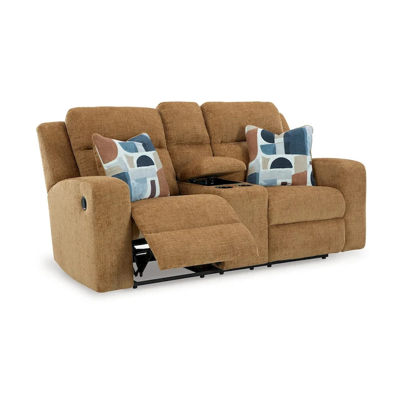 Double Reclining Loveseat with Storage Console, Camel Brown Polyester, 2 Pillows
