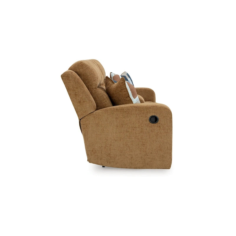Double Reclining Loveseat with Storage Console, Camel Brown Polyester, 2 Pillows