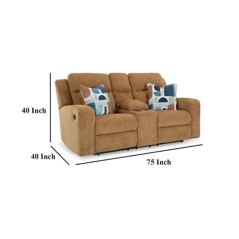 Double Reclining Loveseat with Storage Console, Camel Brown Polyester, 2 Pillows