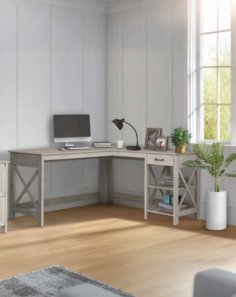 Washed Gray L-Shape Desk with 1 Drawer and 2 Open Shelves