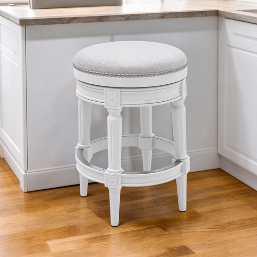 26-inch White Solid Wood and Fabric Backless Counter Height Swivel Bar Chair