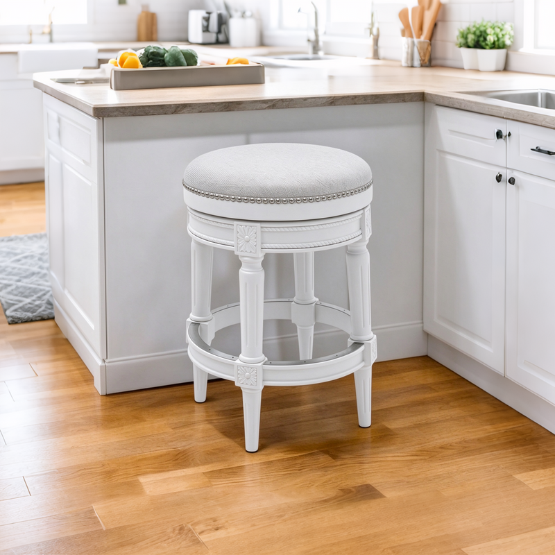 26-inch White Solid Wood and Fabric Backless Counter Height Swivel Bar Chair