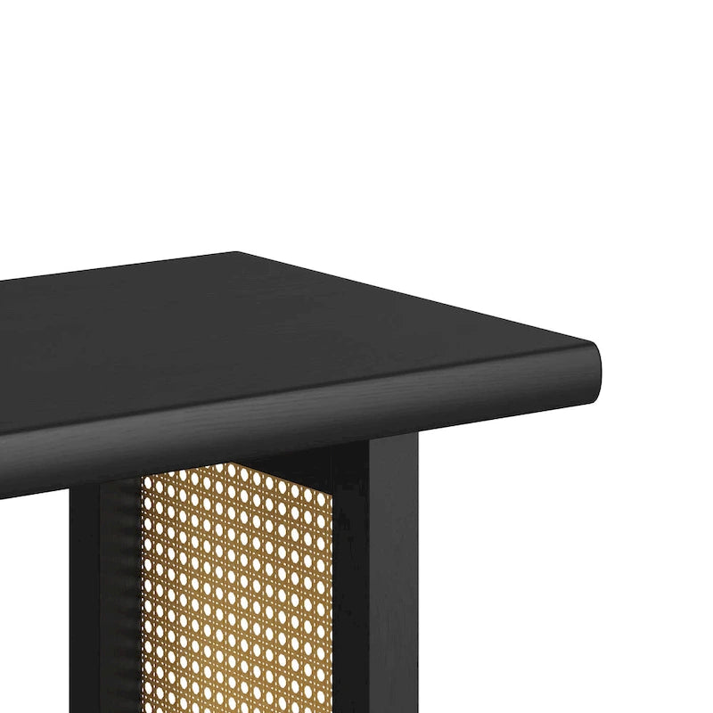Rectangular Cane Dining Bench with Wood Veneer Modern Style