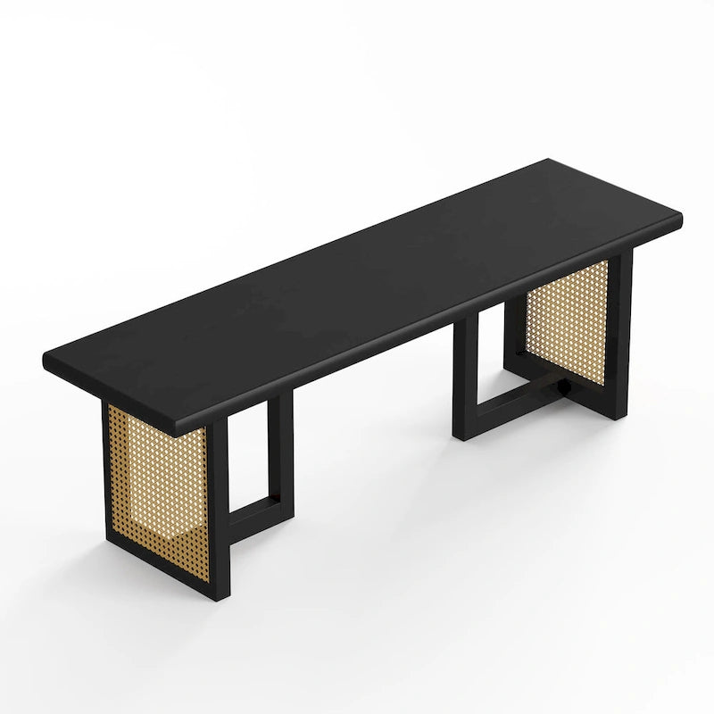 Rectangular Cane Dining Bench with Wood Veneer Modern Style
