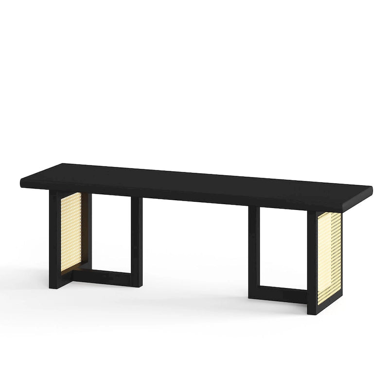 Rectangular Cane Dining Bench with Wood Veneer Modern Style