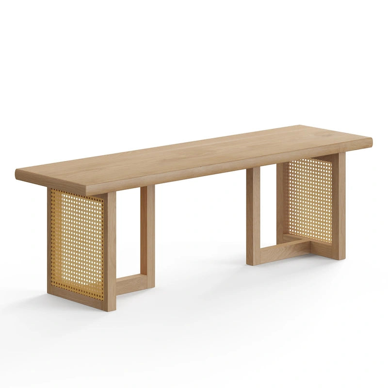 Rectangular Cane Dining Bench with Wood Veneer Modern Style