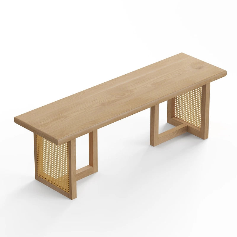 Rectangular Cane Dining Bench with Wood Veneer Modern Style