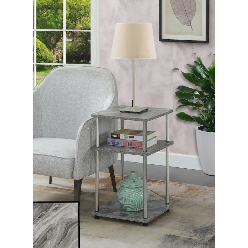 No Tools 3 Tier End Table with Stainless Steel Frame and Shelves