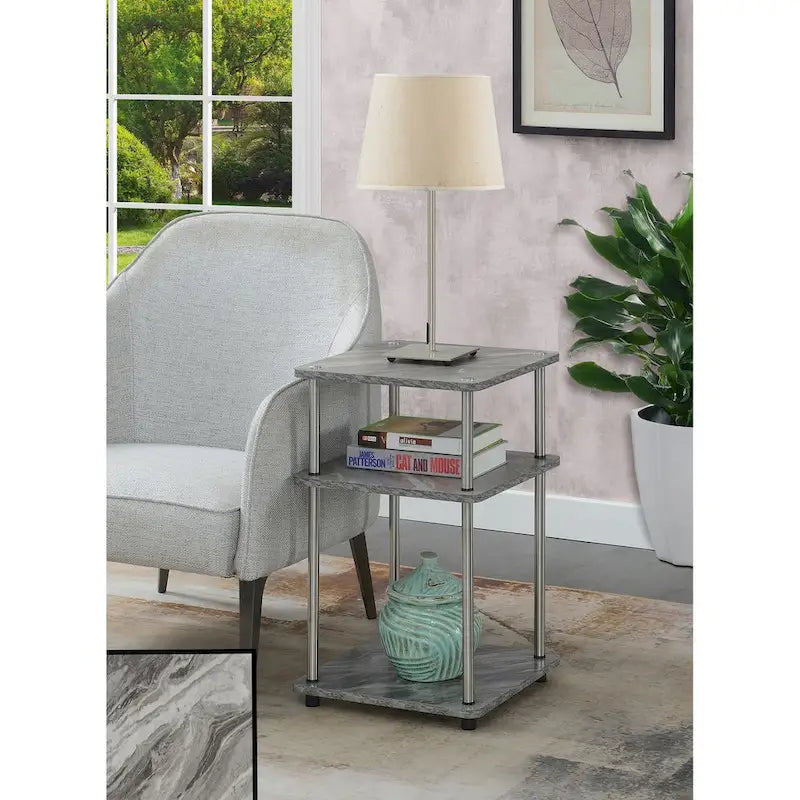 No Tools 3 Tier End Table with Stainless Steel Frame and Shelves