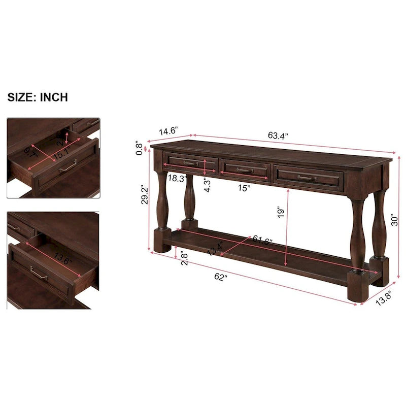63inch Long Wood Console Table with 3 Drawers