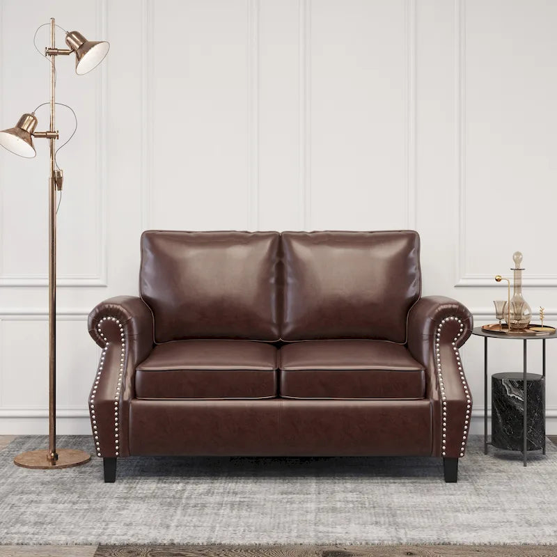 Faux Leather Loveseat with Nailhead Trim and Tapered Legs Contemporary Style
