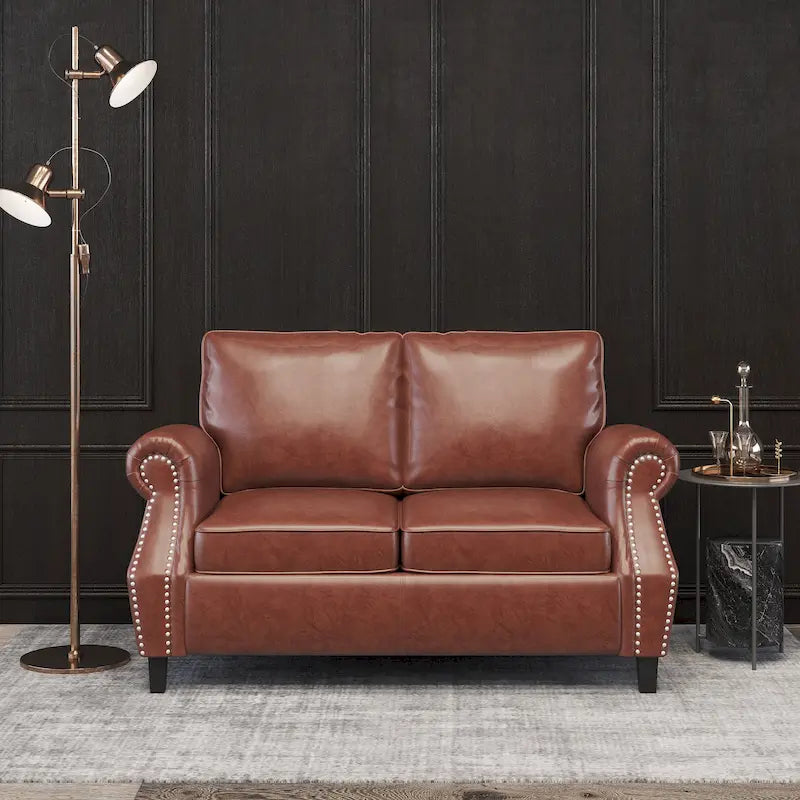 Faux Leather Loveseat with Nailhead Trim and Tapered Legs Contemporary Style