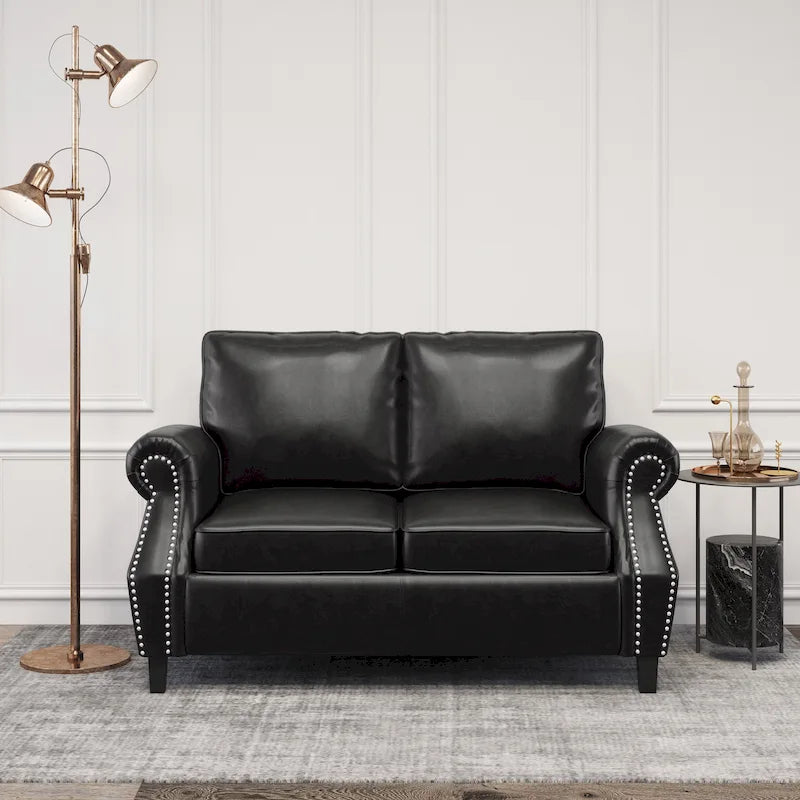 Faux Leather Loveseat with Nailhead Trim and Tapered Legs Contemporary Style