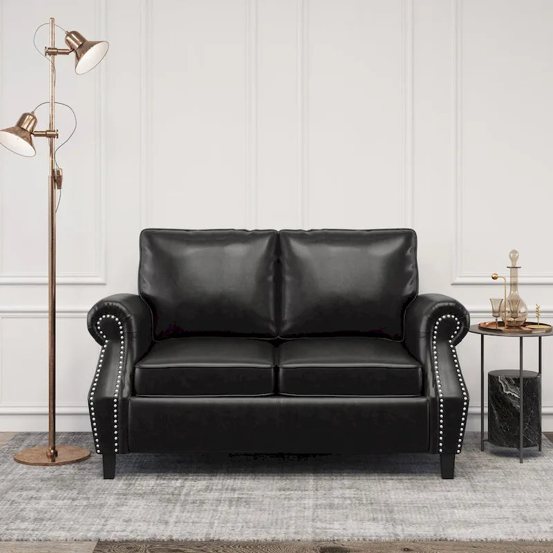 Faux Leather Loveseat with Nailhead Trim and Tapered Legs Contemporary Style