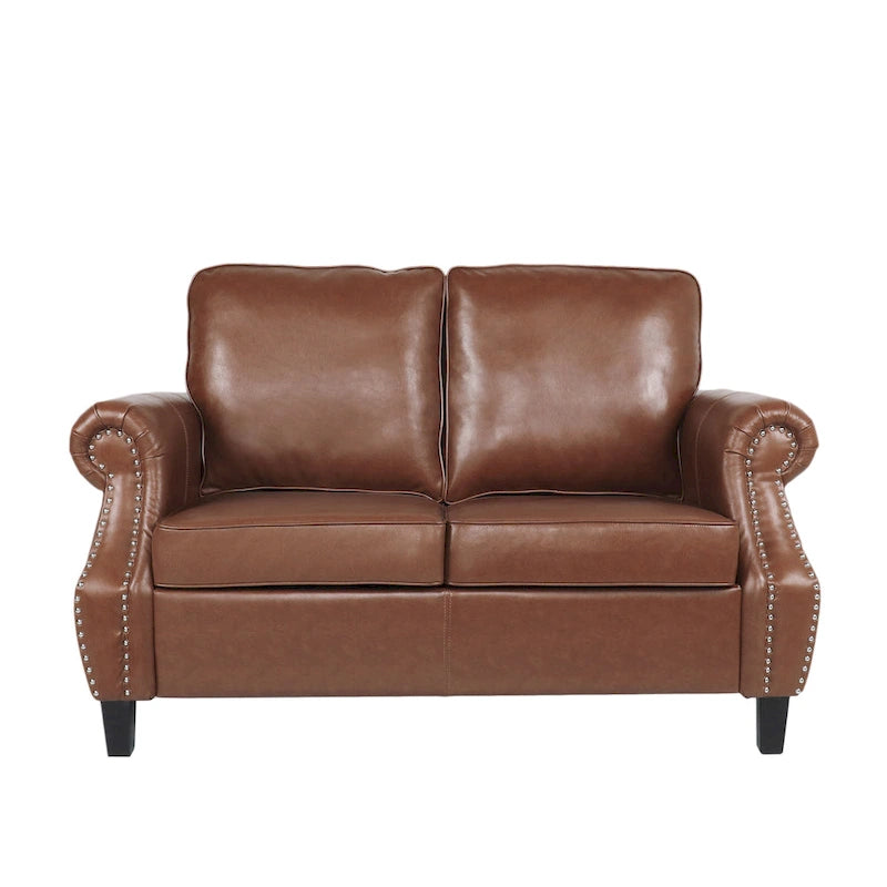 Faux Leather Loveseat with Nailhead Trim and Tapered Legs Contemporary Style