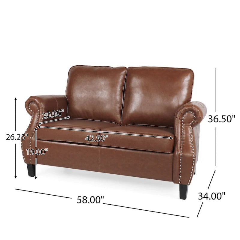 Faux Leather Loveseat with Nailhead Trim and Tapered Legs Contemporary Style