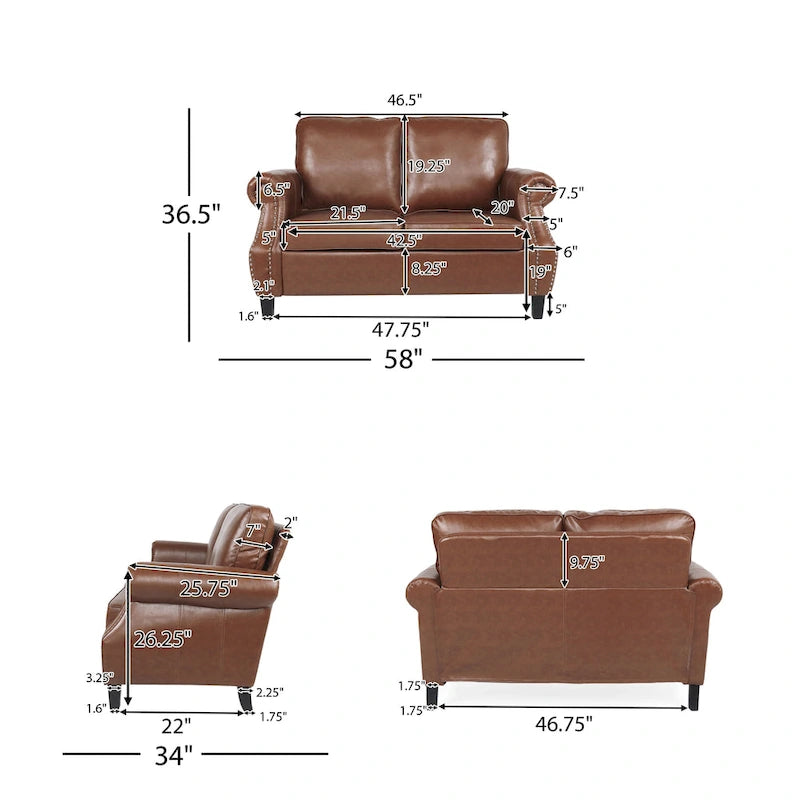 Faux Leather Loveseat with Nailhead Trim and Tapered Legs Contemporary Style