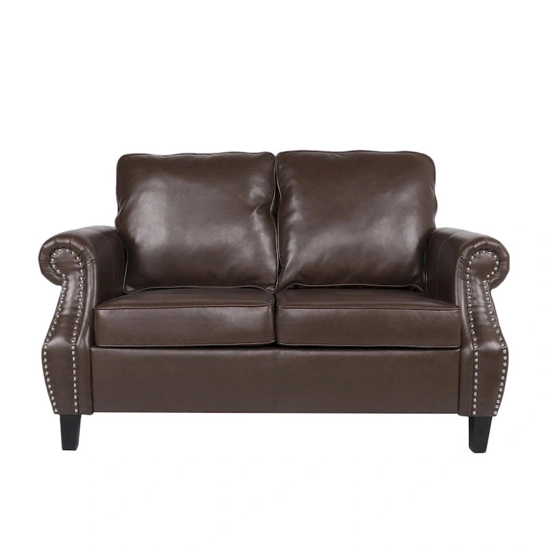 Faux Leather Loveseat with Nailhead Trim and Tapered Legs Contemporary Style