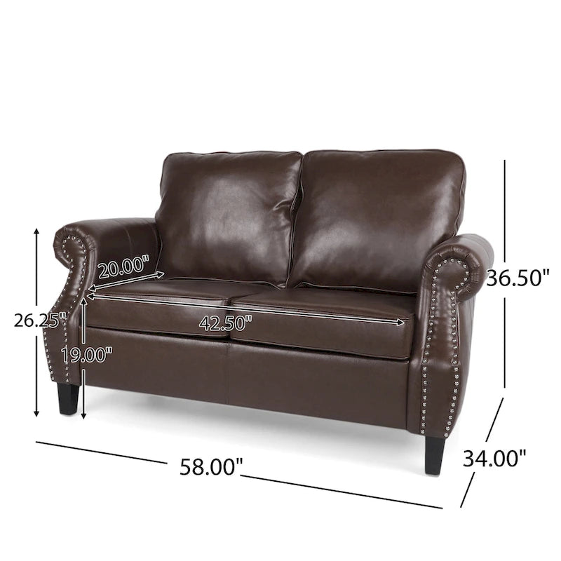 Faux Leather Loveseat with Nailhead Trim and Tapered Legs Contemporary Style