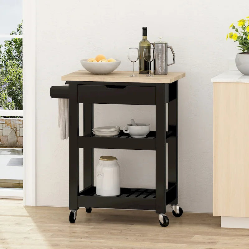 Rolling Kitchen Cart with Wheels Open Shelves and Drawer