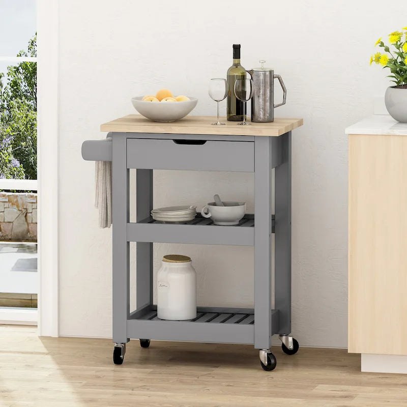 Rolling Kitchen Cart with Wheels Open Shelves and Drawer