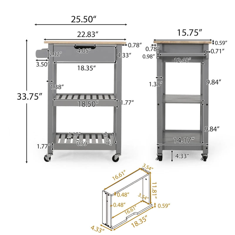 Rolling Kitchen Cart with Wheels Open Shelves and Drawer