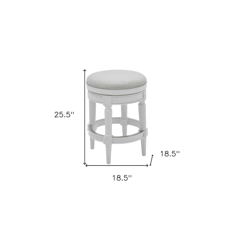 26-inch White Solid Wood and Fabric Backless Counter Height Swivel Bar Chair