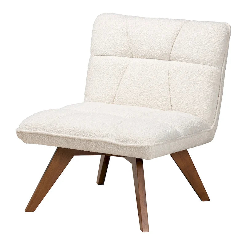 Japandi Cream Boucle Fabric Walnut Brown Rubberwood Accent Chair