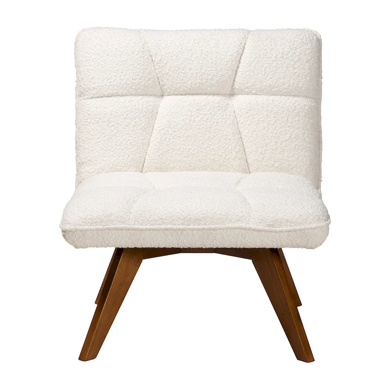 Japandi Cream Boucle Fabric Walnut Brown Rubberwood Accent Chair