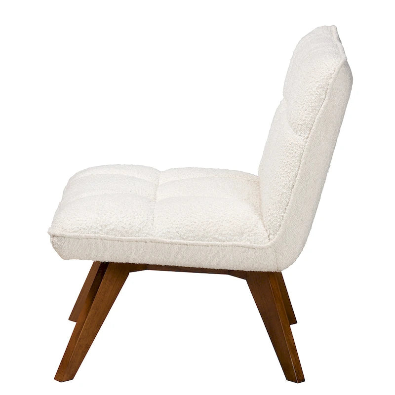 Japandi Cream Boucle Fabric Walnut Brown Rubberwood Accent Chair