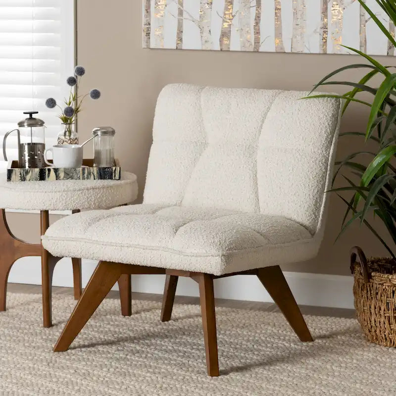 Japandi Cream Boucle Fabric Walnut Brown Rubberwood Accent Chair