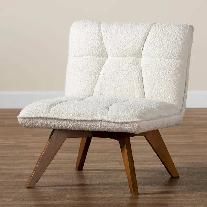 Japandi Cream Boucle Fabric Walnut Brown Rubberwood Accent Chair