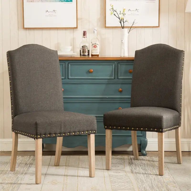Solid Wood Upholstered Parson Dining Chairs with Nailhead Trim Set of 2