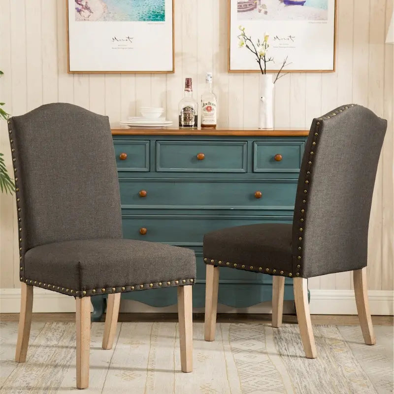 Solid Wood Upholstered Parson Dining Chairs with Nailhead Trim Set of 2